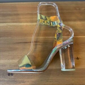 Jeffrey Campbell Women 8 Iridescent Clear Block Heel Sandals Holographic Strappy